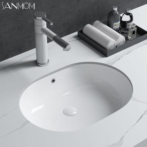 sanmom 陶瓷台下盆阳台洗脸盆椭圆形面盘卫生间洗手盆嵌入式洗漱池